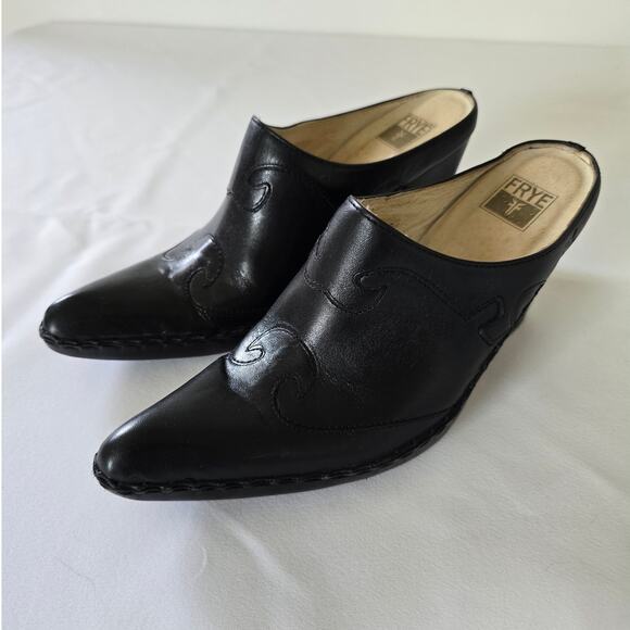 Frye Phoenix Black Leather Mule Heels Size 8 Women’s Western Slip-On - Picture 2 of 6